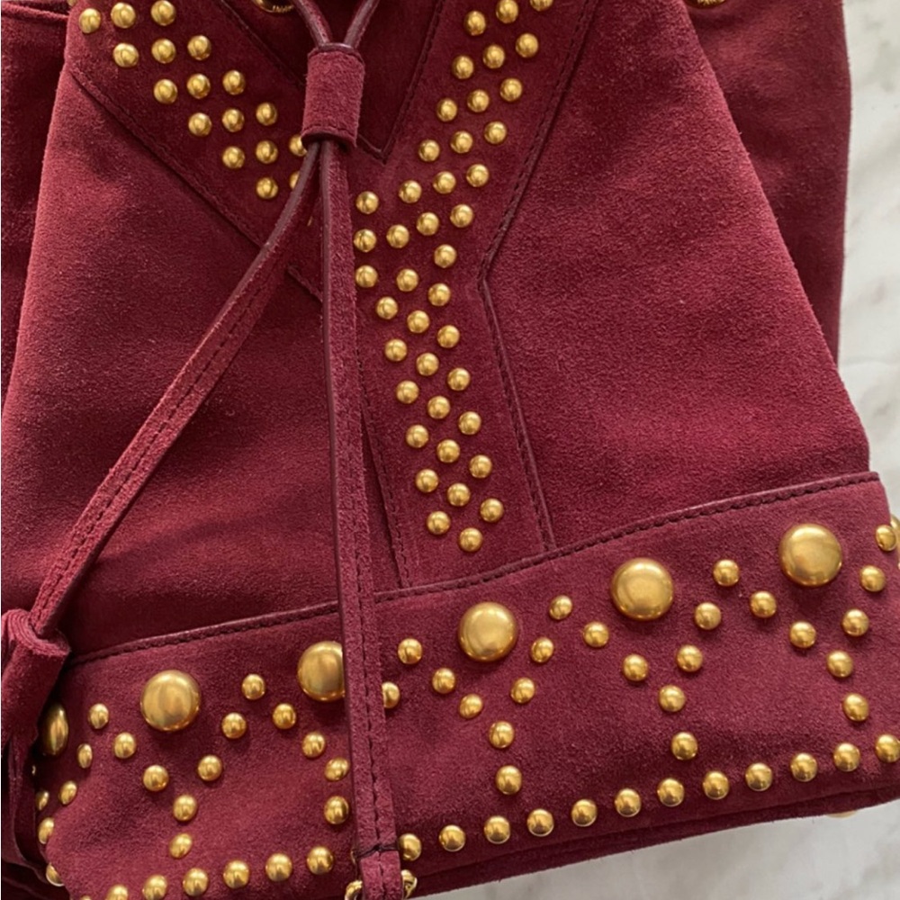 YSL Burgundy Suede Bucket Bag with Gold Studs